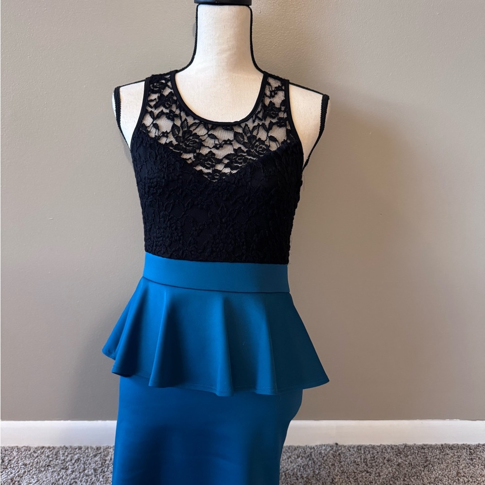 Sabora Black and Teal Lace Peplum Dress